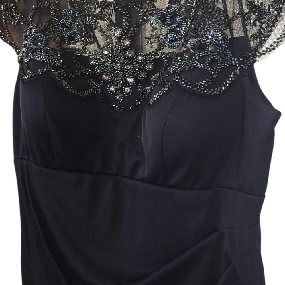 Xscape Navy Beaded Illusion Cap Sleeve Ruched Mother of Bride Formal Gown 6 - Picture 11 of 15